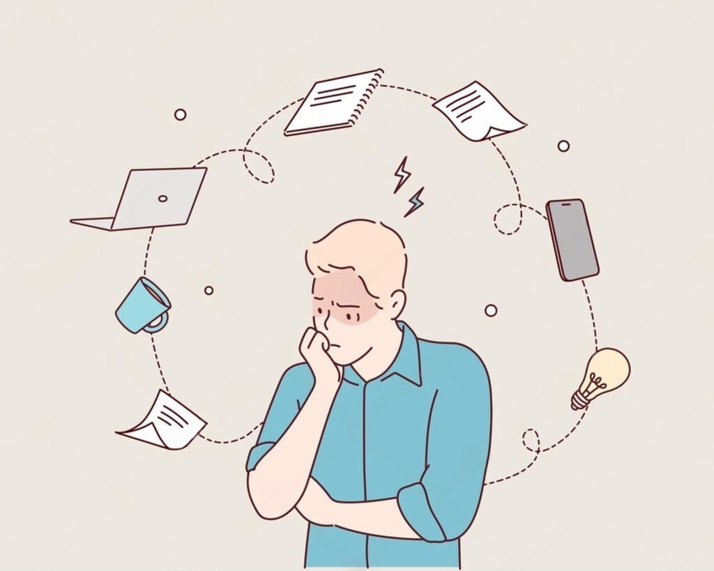 Illustration of overwhelmed adult male with scattered thoughts and multitasking stress—depiction of attention deficit and impulsivity in ADHD
