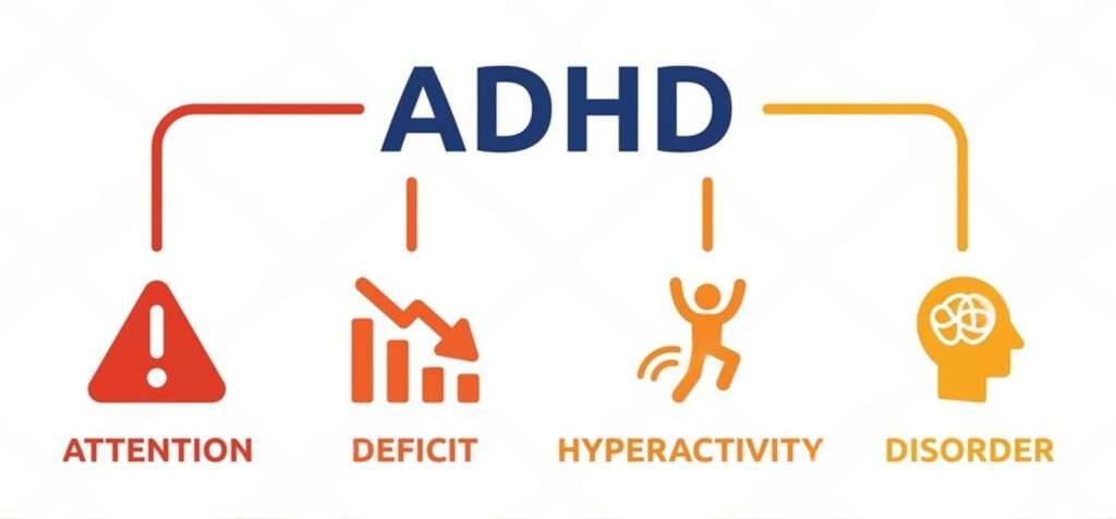 Visual breakdown of ADHD meaning—Attention Deficit Hyperactivity Disorder—highlighting key symptoms in adults
